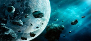 Uzay sahne. Mavi nebula asteroitler ve iki gezegen. Öğeleri