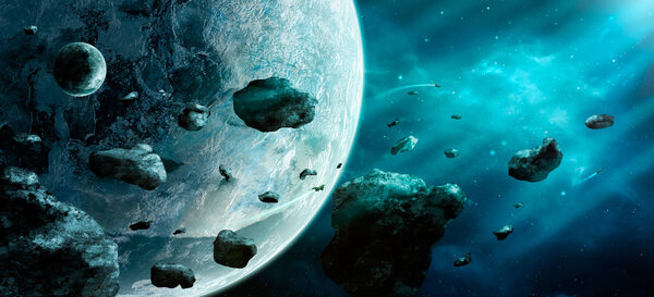 Space scene. Blue nebula with asteroids and two planet. Elements furnished by NASA. 3D rendering