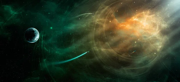 Scena spaţială. Nebuloasă portocalie și verde cu planetă și nave spațiale . — Fotografie, imagine de stoc
