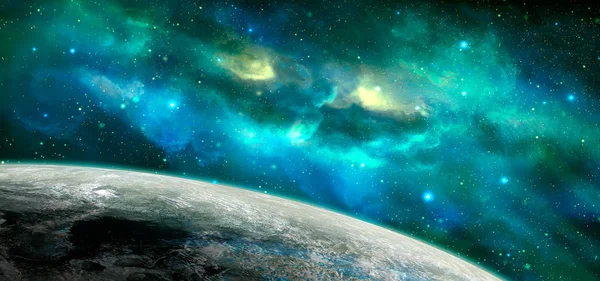 Utrymme scen. Blå och gröna nebulosa med planet. Element möblera — Stockfoto