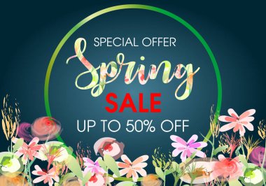 Koyu mavi zemin üzerine suluboya çiçek bahar satış