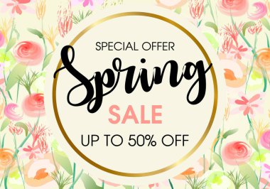 Suluboya çiçek bahar altın çember ile satış vektör