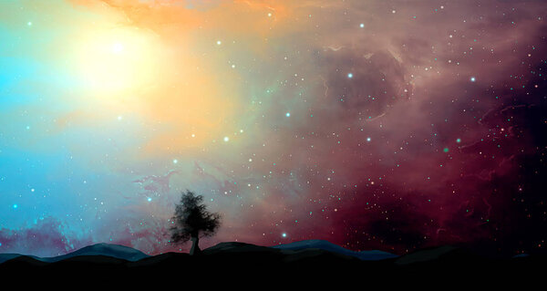 Space colorful nebula with tree and land silhouette. Elements fu