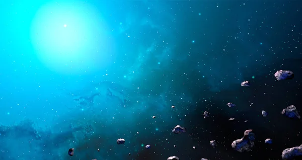 공간 장면입니다. 소행성과 네 하 뷸 블루 라 N에 의해 비치 하는 요소 — 스톡 사진