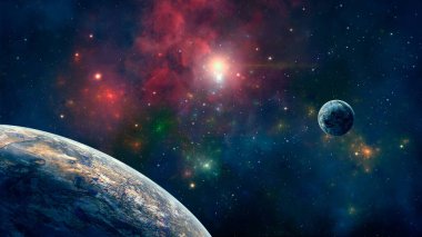 Uzay arkaplanı. İki gezegenli renkli nebula. Elementler fırçası