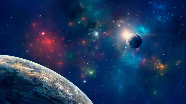 Rymdbakgrund. Färgstark nebulosa med två planeter. Elementsmöbler — Stockfoto