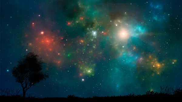 Space background. Colorful nebula with land and tree silhouette. — Stock Photo, Image