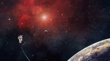 Uzay sahnesi. Astronot gezegeniyle birlikte kırmızı nebulada uçar. Ögeler