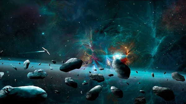Fondo espacial. Nebulosa fractal colorida con nave espacial y ast —  Fotos de Stock