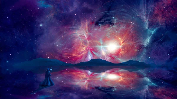 Vesmírné pozadí. Kouzelník stojící na odrazném povrchu s c — Stock fotografie