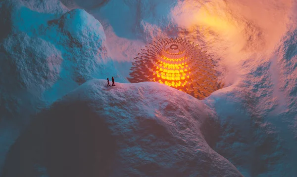 Мужчина и женщина ходят по фантастическому горному ландшафту со светлым стеклом — стоковое фото