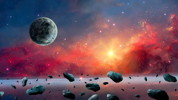 Космический фон. Красочная туманность с планетой и астероидом. Elem — стоковое фото