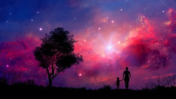 Anne ve kızı ağaçlar ve renkli neb ile arazide yürür. — Stok fotoğraf