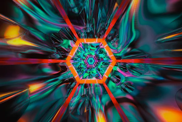 Abstract kleurrijke Vj tunnel met zeshoek in cyaankleur. Toekomst, — Stockfoto