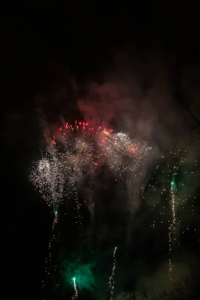 Amazing red fireworks on night sky. New years eve celebration. C — 스톡 사진