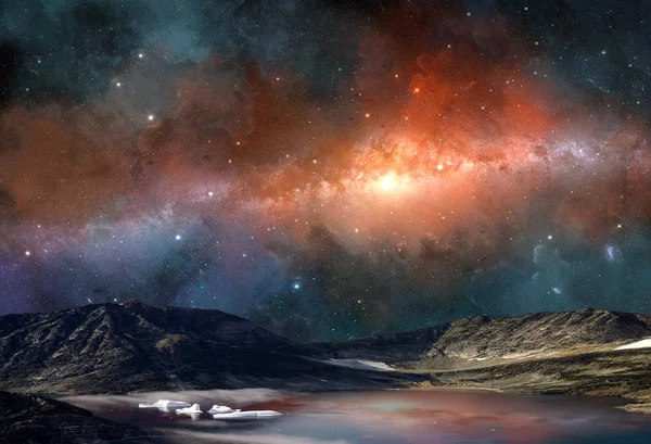 Космічна сцена. Чумацький шлях у барвистій туманності над горою з ла — стокове фото