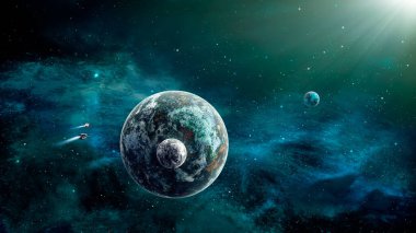 Uzay arkaplanı. Renkli nebula ve gezegende iki uzay gemisi uçuyor. NASA tarafından döşenmiş elementler. 3B görüntüleme