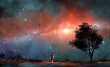 Kırmızı elbiseli şirin küçük bir kız ağaçla ve renkli nebulada samanyolu ile arazide yürüyor. NASA tarafından döşenmiş elementler. 3B görüntüleme.