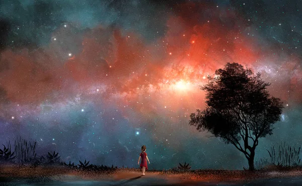 Kırmızı elbiseli şirin küçük bir kız ağaçla ve renkli nebulada samanyolu ile arazide yürüyor. NASA tarafından döşenmiş elementler. 3B görüntüleme.
