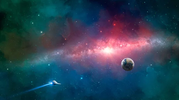 Vesmírná Scéna Vesmírná Loď Letí Zemi Mléčnou Dráhou Barevné Mlhovině — Stock fotografie