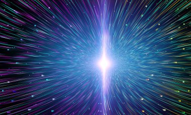 Çekirdeği parlatmak için küçük kare parçacık veri iletimi. Akıyor, büyük dijital veri aktarılıyor. 3B illüstrasyon