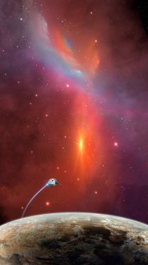 Uzay arkaplanı. Uzay gemisi gezegenin üzerinde renkli nebulasıyla uçuyor. NASA tarafından döşenmiş elementler. 3B görüntüleme