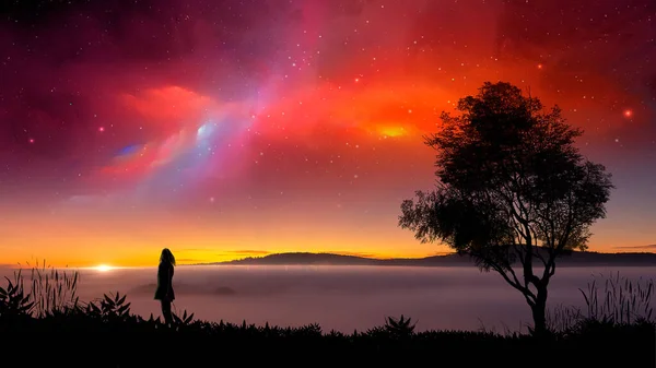 Mujer Joven Silueta Pie Tierra Con Árbol Nebulosa Fractal Colores —  Fotos de Stock