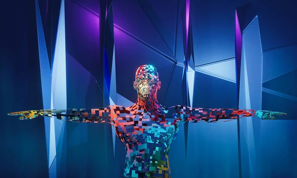 Uomo Cavo Colorato Robot Con Pilastri Sfondo Blu Viola Tecnologia — Foto Stock