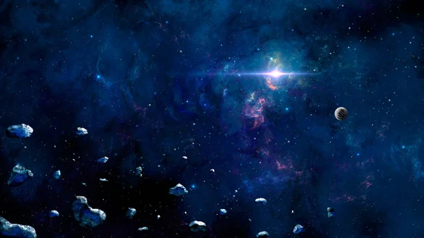 Fond Spatial Mouche Astéroïde Dans Nébuleuse Bleue Fractale Colorée Avec — Photo