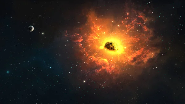 Rymdbakgrund Planet Explosion Sol Skina Färgglada Nebulosan Med Liten Planet — Stockfoto