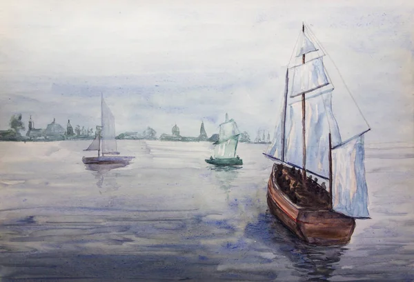 Aquarel Handgemaakte Schilderij Landschap Zee Met Zeilboot Schip Onder Bewolkte — Stockfoto