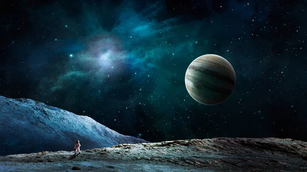 Space background. Astronaut walk on land with blue nebula with jupiter planet. Elements furnished by NASA. 3D rendering