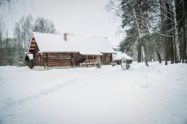     Kışın ormanda Rus ahşap ev izba