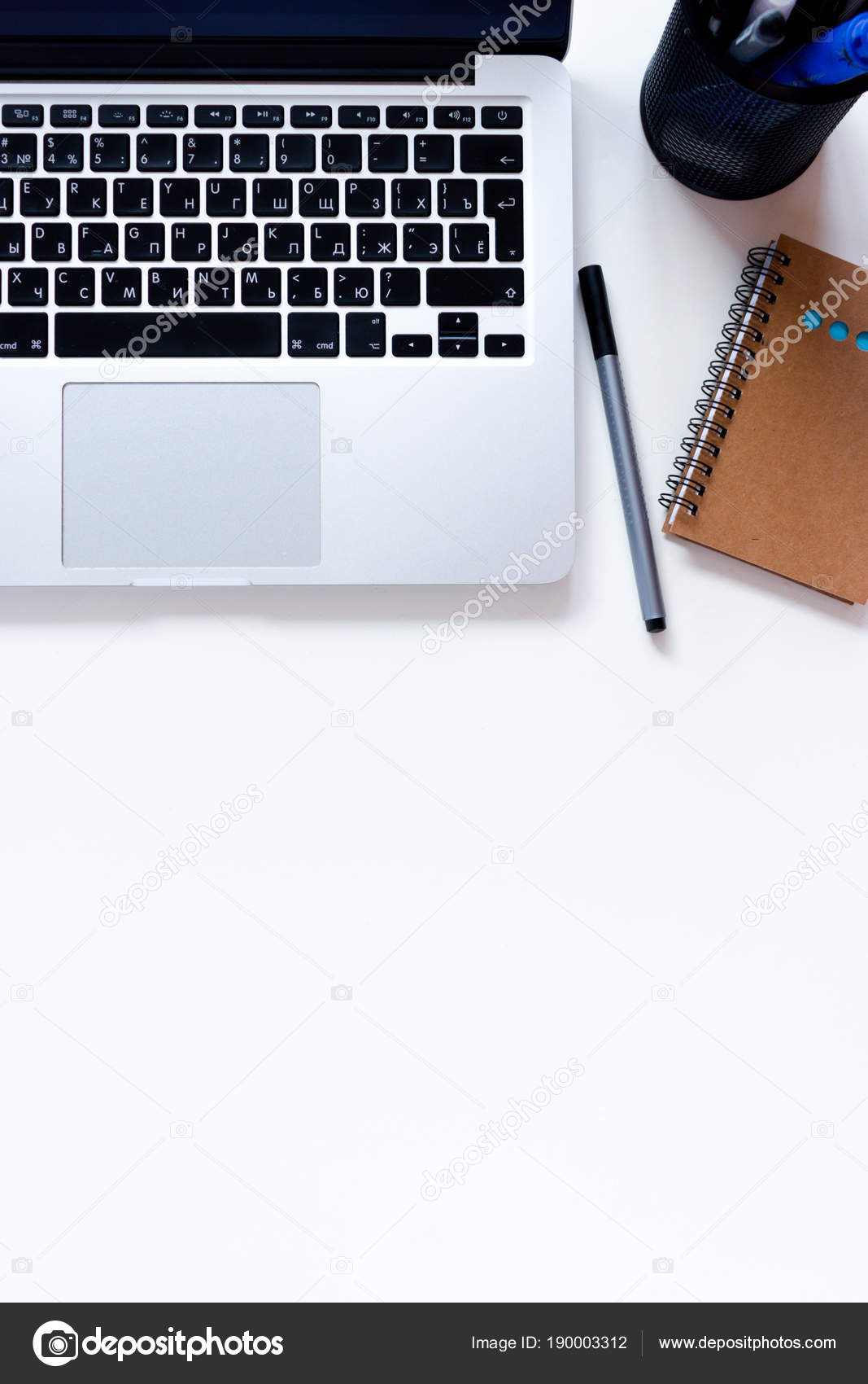Home Office Desk Laptop Craft Notepad Pen White Background Stock