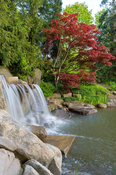 Wasserfall und Teich im Garten im Hinterhof — Stockfoto