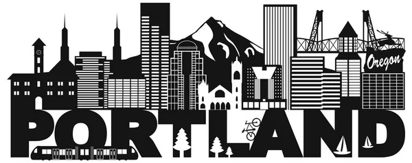 Portland Oregon Skyline and Text Black and White vector Illustration — Stock Vector