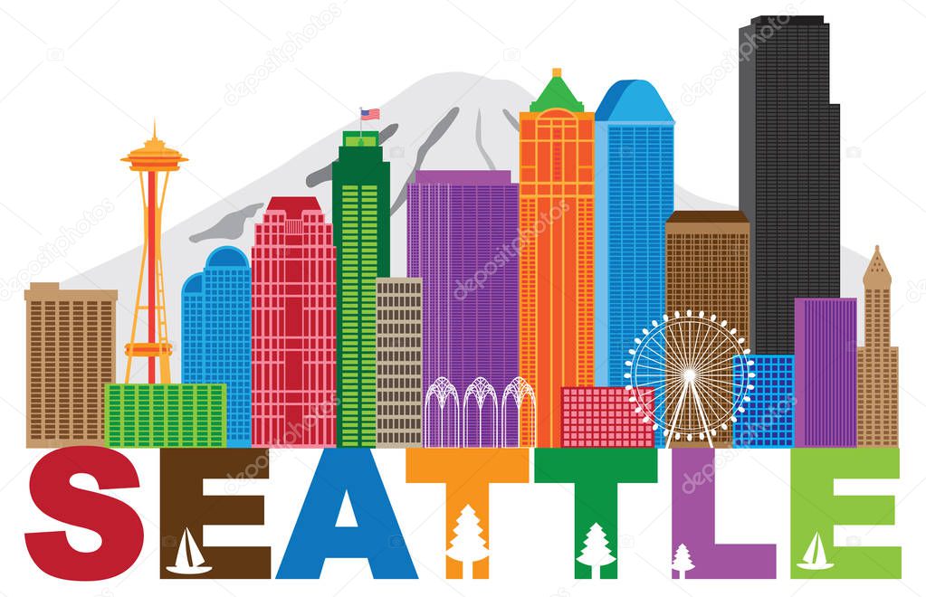 Seattle City Skyline andText Colors vector llustration