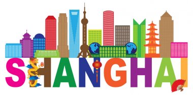 Shanghai şehir manzarası metin rengi vektör çizim