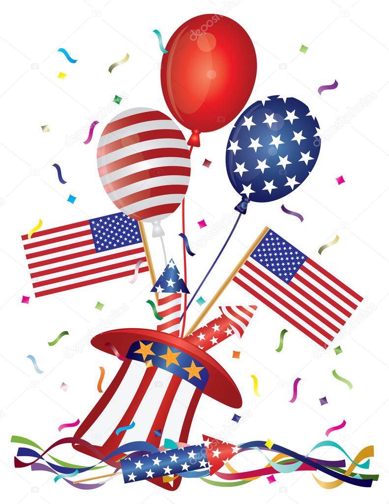 4th of July Stars and Stripes Balloons hat firecrackers American Flag vector Illustration