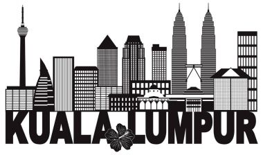 Kuala Lumpur şehir manzarası metin siyah ve beyaz illüstrasyon vektör