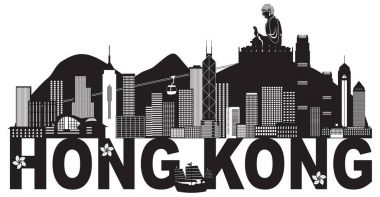 Hong Kong manzarası Buda heykeli metin siyah ve beyaz illüstrasyon vektör