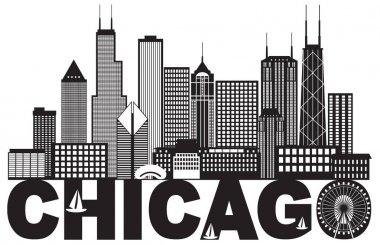 Chicago şehir manzarası metin siyah ve beyaz illüstrasyon vektör