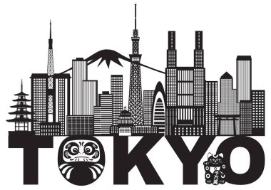 Tokyo şehir manzarası metin siyah ve beyaz illüstrasyon vektör