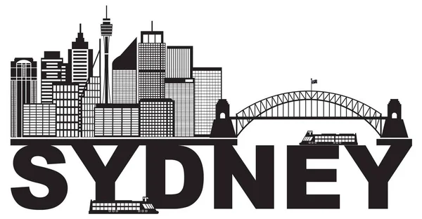Sydney Austrálie Sklyine Text osnovy černá a bílá vektorové ilustrace — Stockový vektor