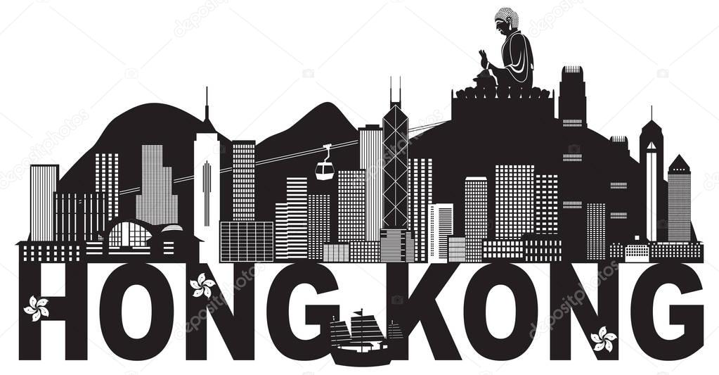 Hong Kong Skyline Buddha Statue Text Black and White vector Illustration