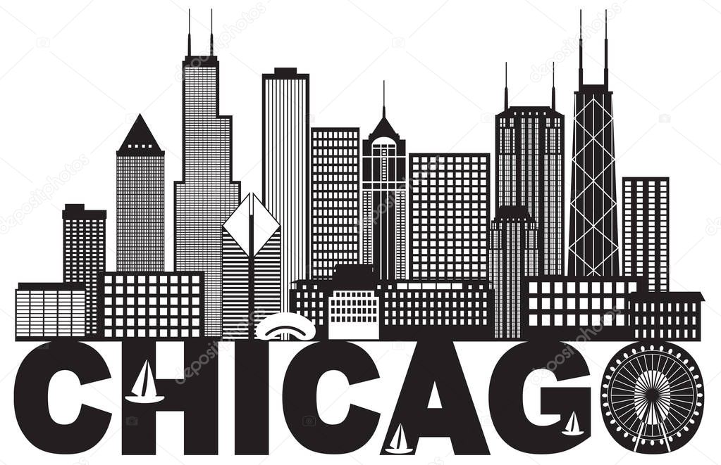 Chicago City Skyline Text Black and White vector Illustration — Stock