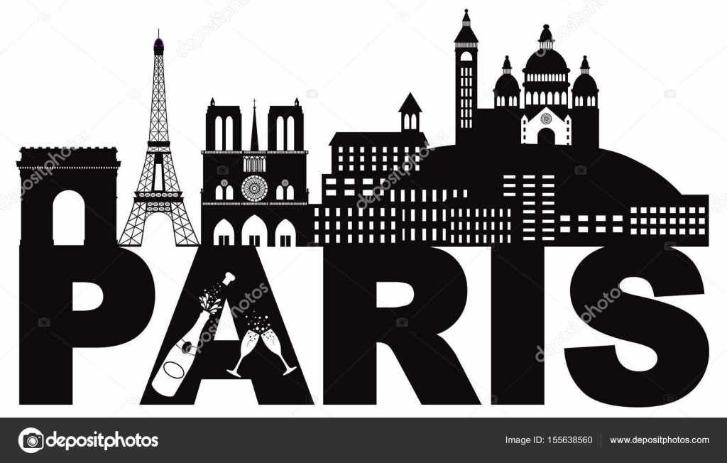 Paris Skyline Text Champagne Black and White vector Illustration ...