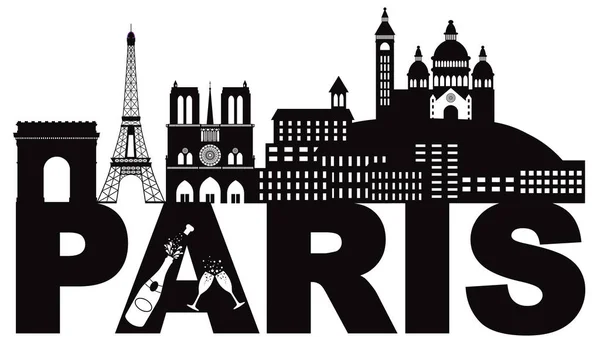 Paris Skyline Text Champagne Black and White vector Illustration — Stock Vector