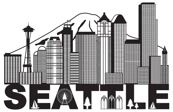 Seattle City Skyline e Testo Illustrazione vettoriale in bianco e nero — Vettoriale Stock