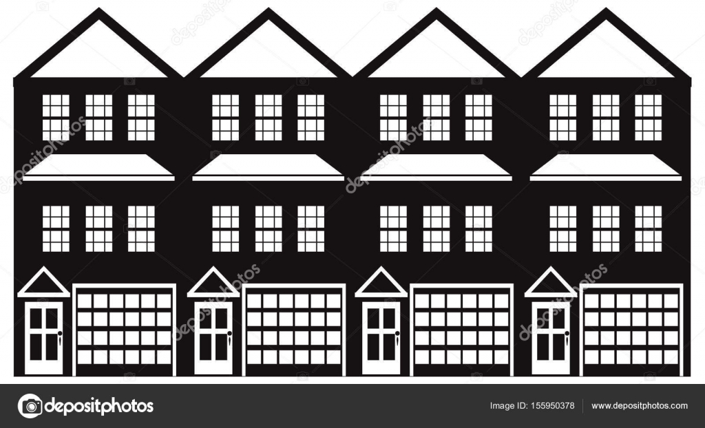 Townhouse With Tandem Garage Black And White Vector Illustration